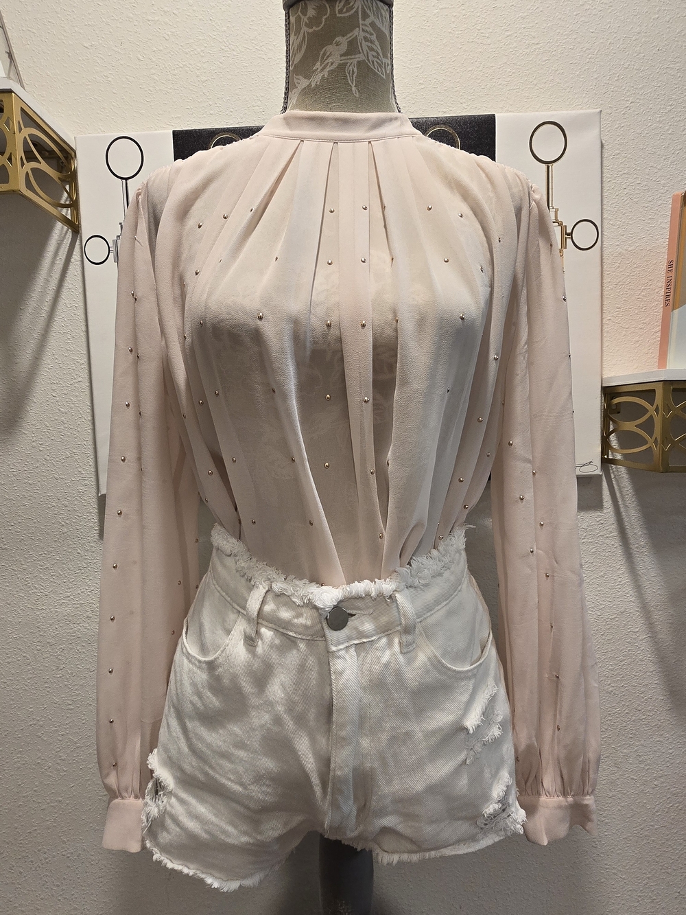 Ann Taylor Long-Sleeve Studded Sheer Blouse - Blush Pink